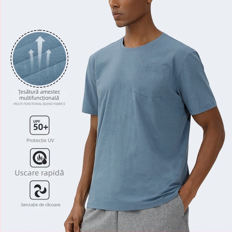 Tricou bărbați cu mânecă scurtă, guler rotund, uscat rapid, antibacterian, respirabil, protecție solară, pentru alergare și antrenament