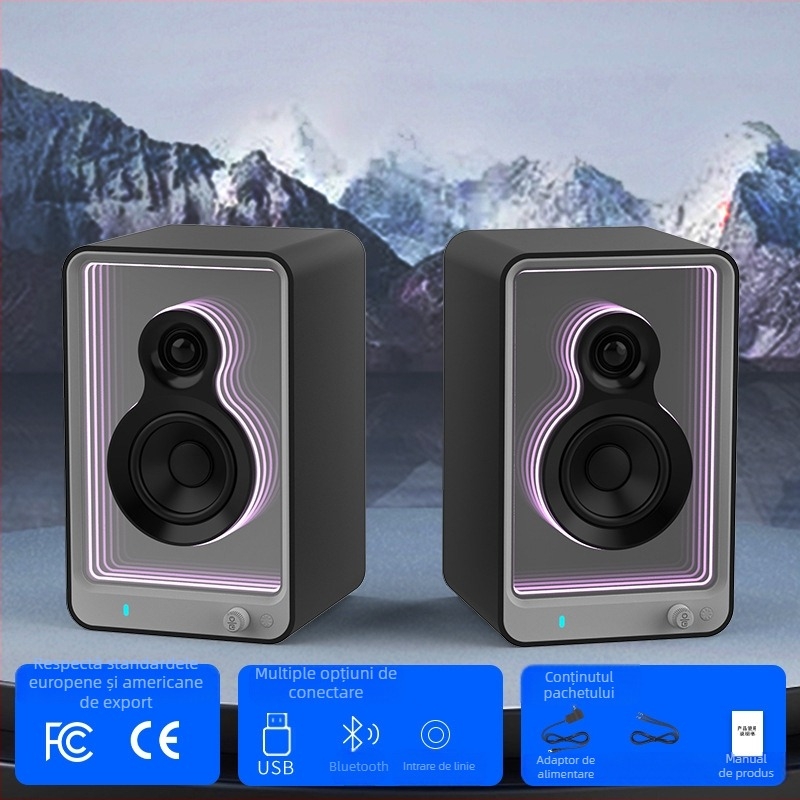 Boxă Bluetooth de birou, Hi‑Fi, iluminare RGB, design tip bibliotecă, 4 difuzoare
