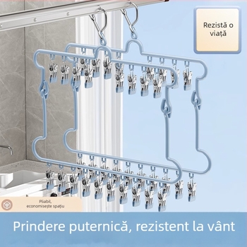 Suport pliabil din oțel inoxidabil pentru uscat șosete, cu 18 cleme, umeraș de balcon pentru lenjerie, suport de haine multifuncțional