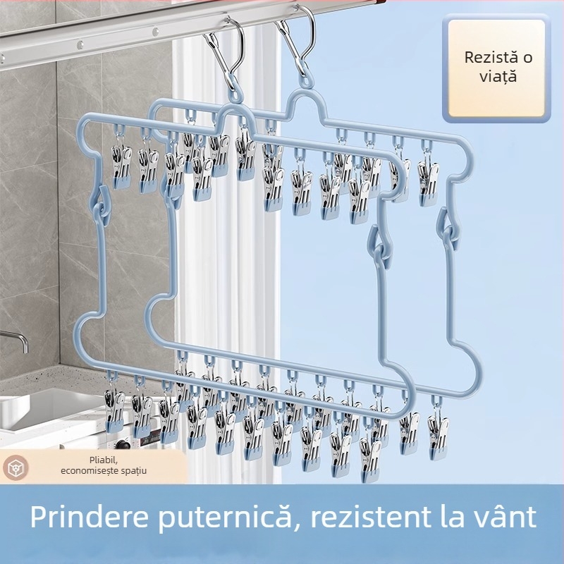 Suport pliabil din oțel inoxidabil pentru uscat șosete, cu 18 cleme, umeraș de balcon pentru lenjerie, suport de haine multifuncțional