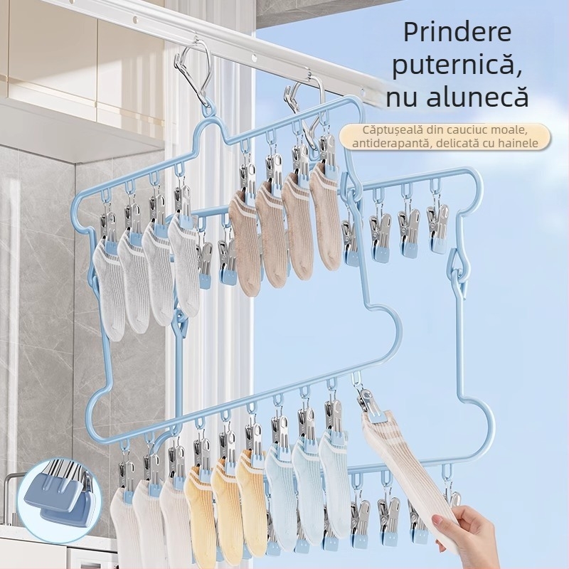Suport pliabil din oțel inoxidabil pentru uscat șosete, cu 18 cleme, umeraș de balcon pentru lenjerie, suport de haine multifuncțional