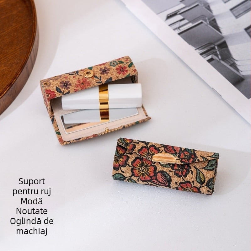 Cutie premiumă de depozitare a rujului cu oglindă portabilă, din plută, stil vintage