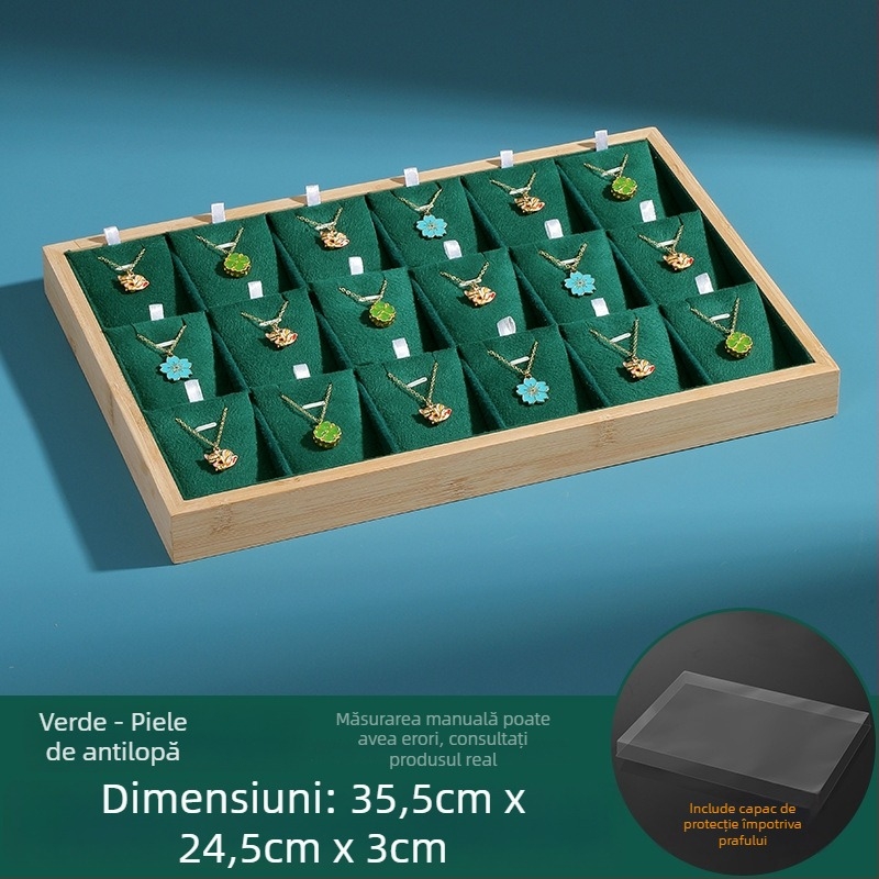 Platformă de expunere din lemn masiv pentru bijuterii, cu 18 compartimente pentru pandante; display cu trei utilizări, design cu îmbinare