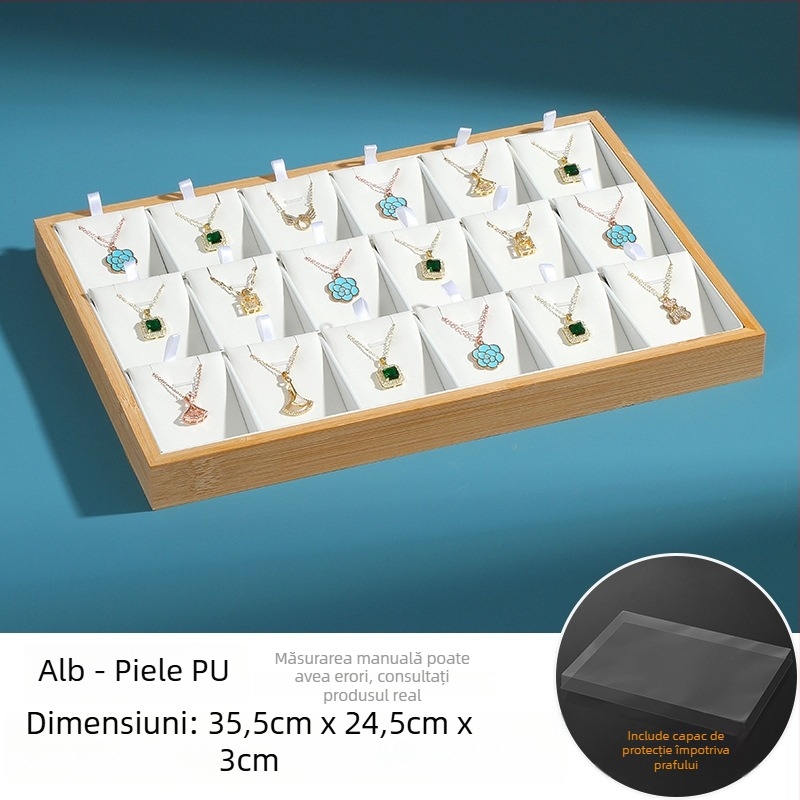 Platformă de expunere din lemn masiv pentru bijuterii, cu 18 compartimente pentru pandante; display cu trei utilizări, design cu îmbinare