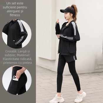 Set de yoga și fitness pentru femei, toamnă-iarnă, mărime mare, croială lejeră, cu glugă, mâneci lungi, pentru alergare și antrenament