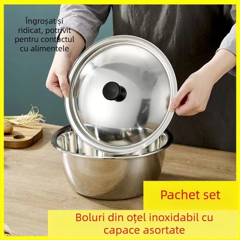 Vas din oțel inoxidabil gros, cu capac, pentru bătut ouă, salate, frământat aluat și spălat legume