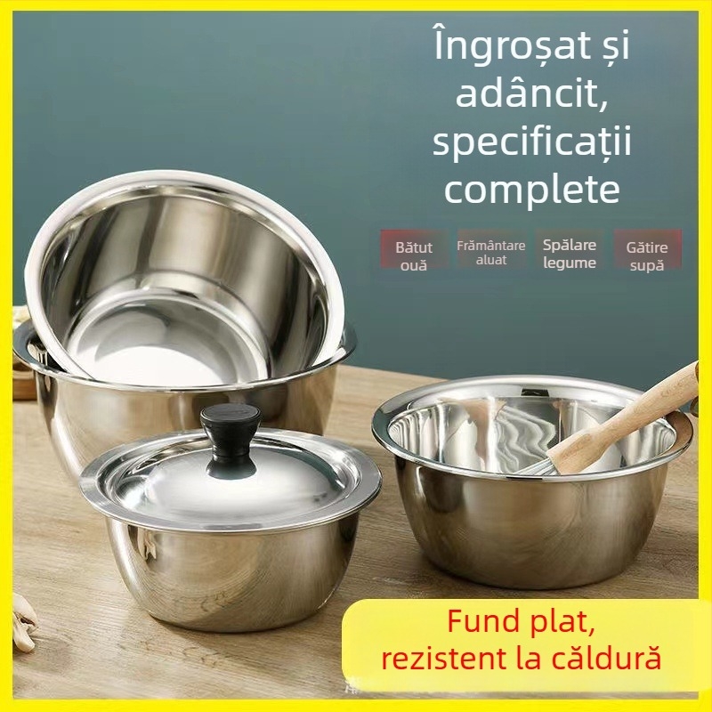 Vas din oțel inoxidabil gros, cu capac, pentru bătut ouă, salate, frământat aluat și spălat legume