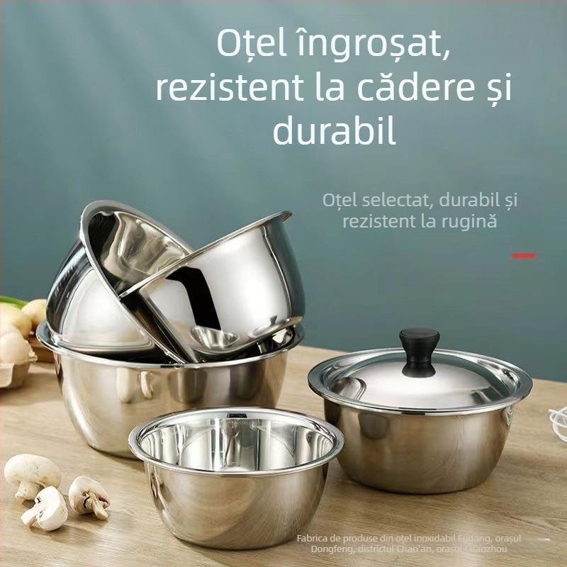Vas din oțel inoxidabil gros, cu capac, pentru bătut ouă, salate, frământat aluat și spălat legume