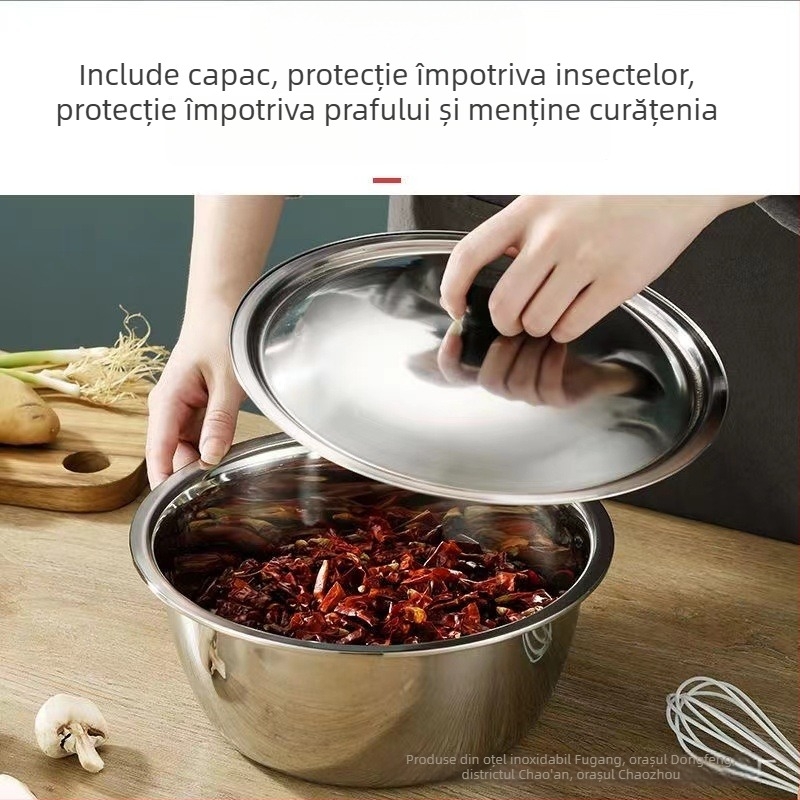 Vas din oțel inoxidabil gros, cu capac, pentru bătut ouă, salate, frământat aluat și spălat legume