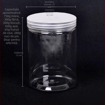 Recipient rotund din PET, cu capac înșurubabil, transparent, pentru ceai, nuci și biscuiți