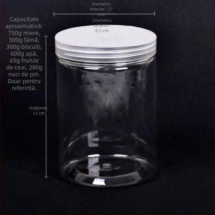 Recipient rotund din PET, cu capac înșurubabil, transparent, pentru ceai, nuci și biscuiți