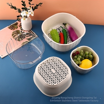 Vas din plastic pentru spălat legume, coș de scurgere, depozitare în bucătărie, capacitate mare, două niveluri