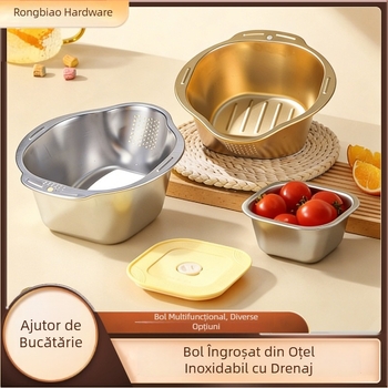 Vas de bucătărie multifuncțional pentru spălat legume și orez, coș de clătire și scurgere pentru fructe și legume, capacitate mare, poate fi scurs și depozitat