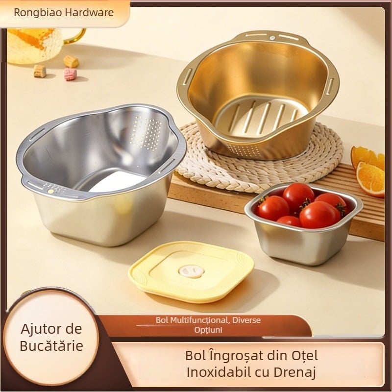 Vas de bucătărie multifuncțional pentru spălat legume și orez, coș de clătire și scurgere pentru fructe și legume, capacitate mare, poate fi scurs și depozitat
