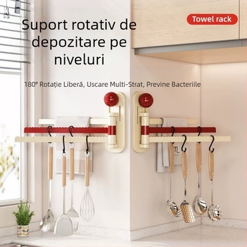 Raft rotativ pe perete, 3 etaje, pentru prosoape și depozitare, montaj fără găuri, organizator baie și bucătărie, depozitare textile