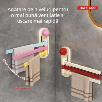 Raft rotativ pe perete, 3 etaje, pentru prosoape și depozitare, montaj fără găuri, organizator baie și bucătărie, depozitare textile