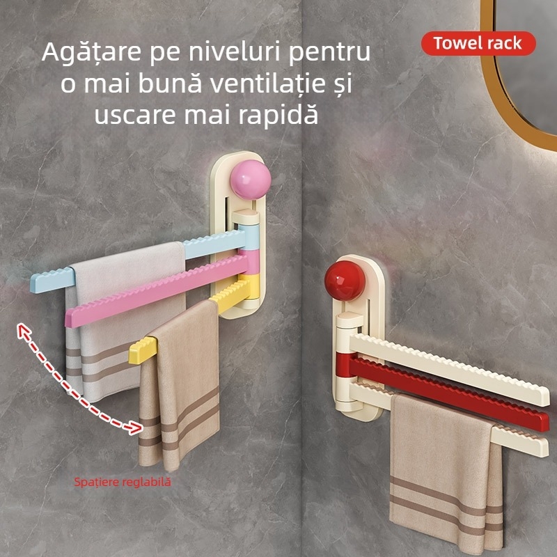 Raft rotativ pe perete, 3 etaje, pentru prosoape și depozitare, montaj fără găuri, organizator baie și bucătărie, depozitare textile