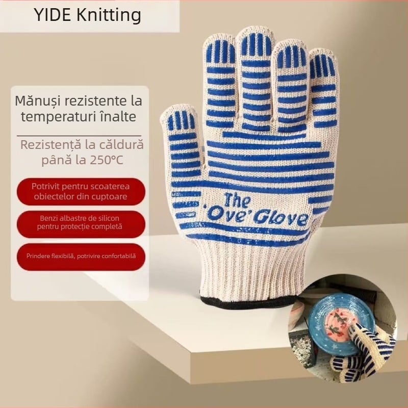 Mănuși pentru grătar rezistente la temperaturi înalte, pentru bucătărie și cuptor, protecție pentru cinci degete, strat dublu de silicon îngroșat, antiderapante, protecție împotriva arsurilor, mănuși din bumbac