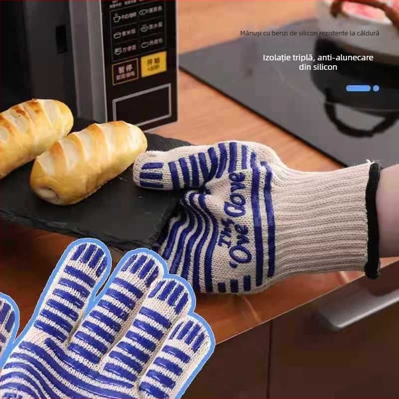 Mănuși pentru grătar rezistente la temperaturi înalte, pentru bucătărie și cuptor, protecție pentru cinci degete, strat dublu de silicon îngroșat, antiderapante, protecție împotriva arsurilor, mănuși din bumbac