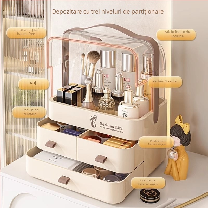 Cutie de depozitare pentru cosmetică, birou, protecție împotriva prafului, capacitate mare, aspect premium, organizator pentru îngrijire a pielii și rujuri