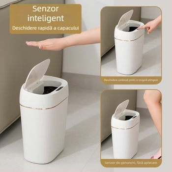 Coș de gunoi cu senzor, capac inductiv, 13–17 L, corp pătrat din plastic, pentru locuință: living, dormitor, baie, bucătărie; sistem de sortare cu mai multe compartimente