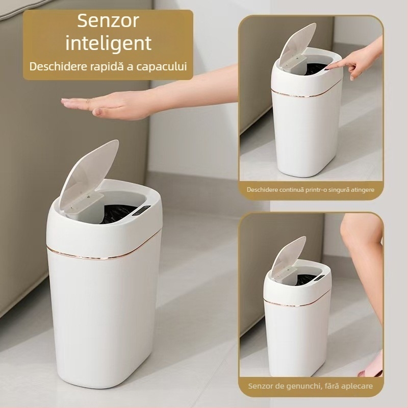 Coș de gunoi cu senzor, capac inductiv, 13–17 L, corp pătrat din plastic, pentru locuință: living, dormitor, baie, bucătărie; sistem de sortare cu mai multe compartimente