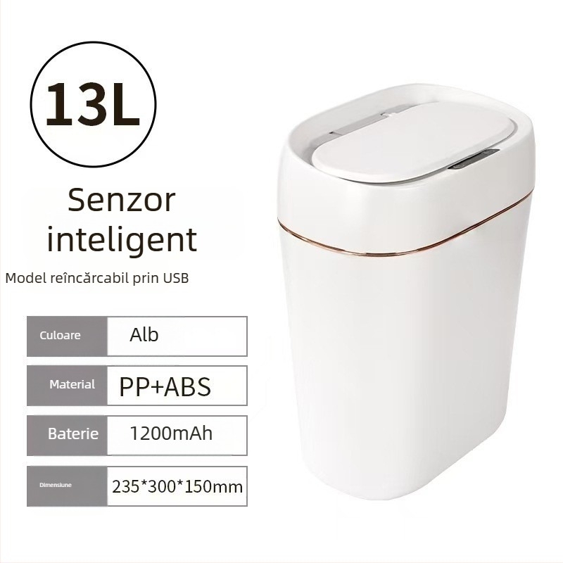 Coș de gunoi cu senzor, capac inductiv, 13–17 L, corp pătrat din plastic, pentru locuință: living, dormitor, baie, bucătărie; sistem de sortare cu mai multe compartimente