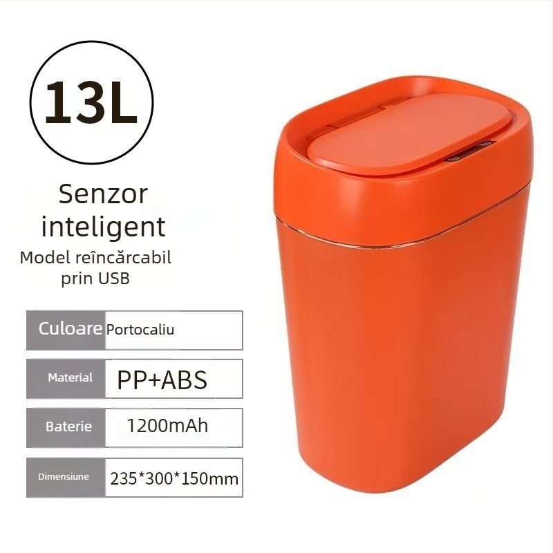 Coș de gunoi cu senzor, capac inductiv, 13–17 L, corp pătrat din plastic, pentru locuință: living, dormitor, baie, bucătărie; sistem de sortare cu mai multe compartimente
