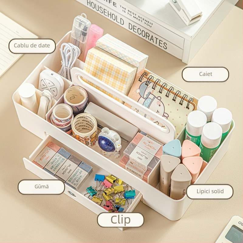 Organizator de birou multifuncțional, cu design detașabil, pentru rechizite, bijuterii și cosmetice; protecție împotriva prafului.