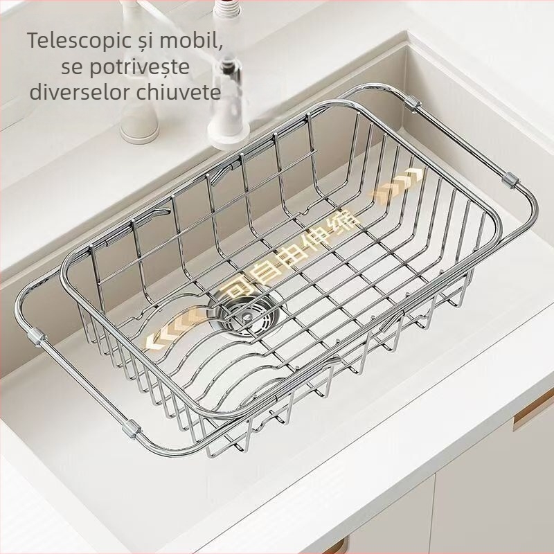 Suport telescopic pentru chiuvetă din oțel inoxidabil, cu coș de scurgere și spațiu pentru vase