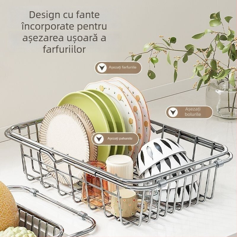 Suport telescopic pentru chiuvetă din oțel inoxidabil, cu coș de scurgere și spațiu pentru vase