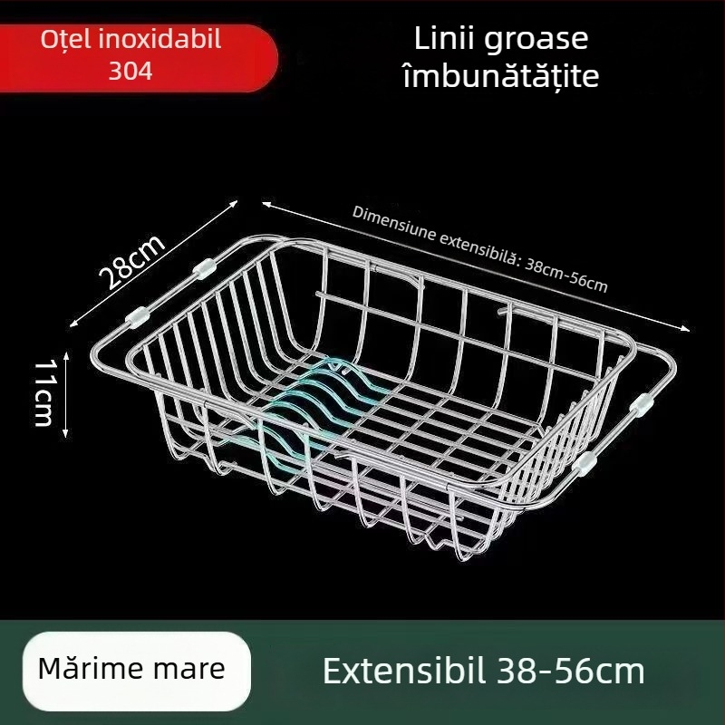 Suport telescopic pentru chiuvetă din oțel inoxidabil, cu coș de scurgere și spațiu pentru vase