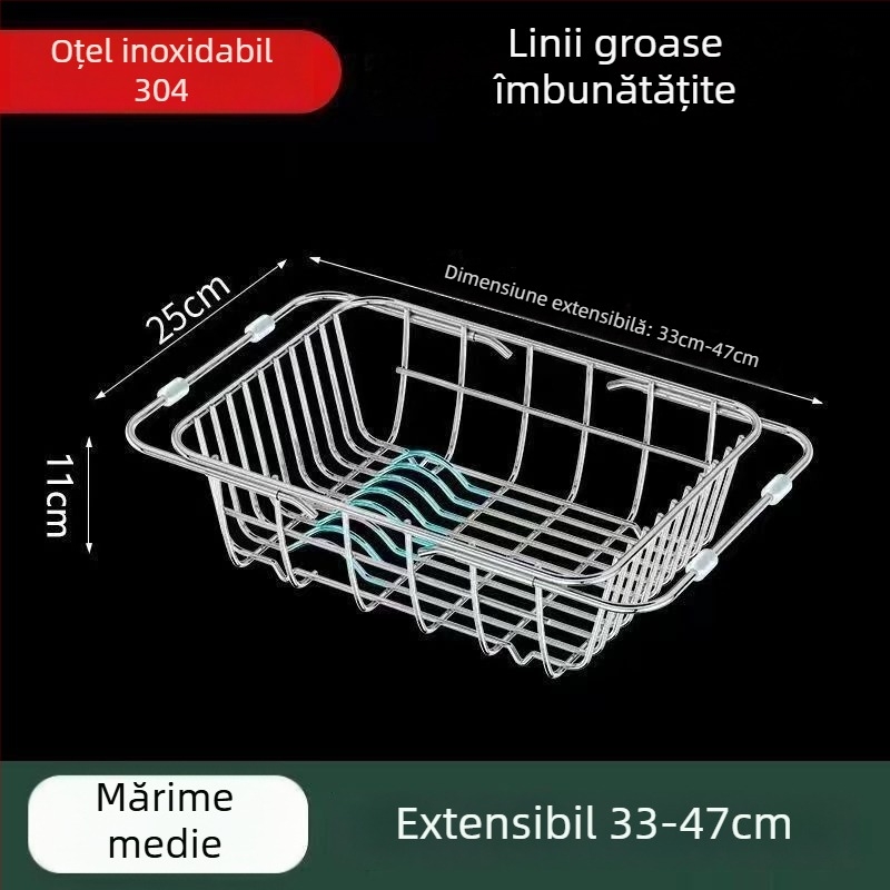 Suport telescopic pentru chiuvetă din oțel inoxidabil, cu coș de scurgere și spațiu pentru vase