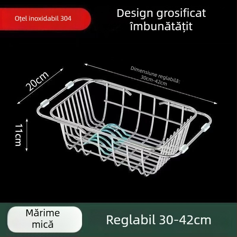 Suport telescopic pentru chiuvetă din oțel inoxidabil, cu coș de scurgere și spațiu pentru vase