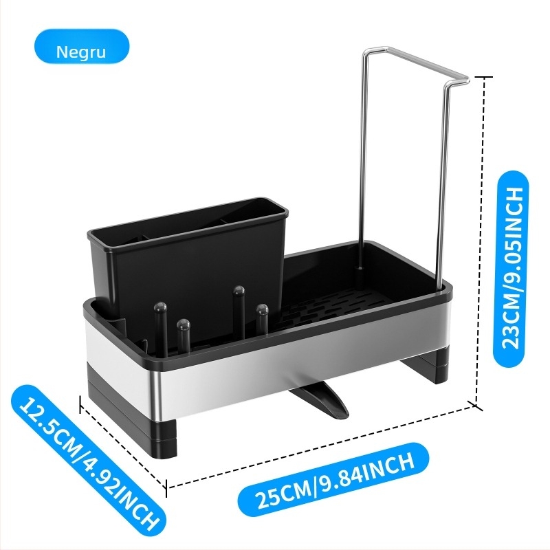 Raft din oțel inoxidabil pentru chiuveta bucătărie – depozitare pentru vase, bureți și cârpe; montaj pe perete sau pe blat, dreptunghiular, design modern minimalist