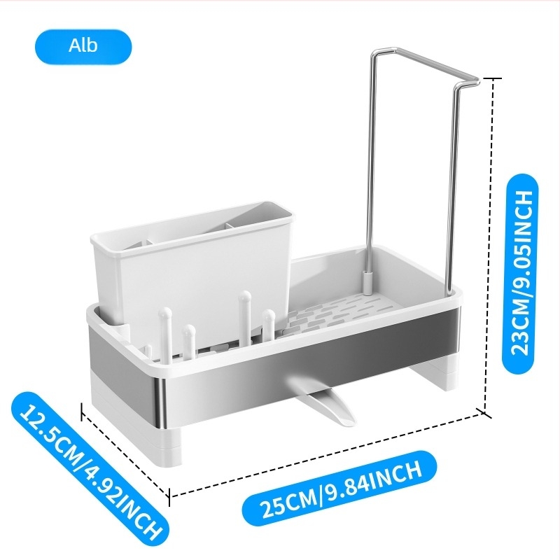 Raft din oțel inoxidabil pentru chiuveta bucătărie – depozitare pentru vase, bureți și cârpe; montaj pe perete sau pe blat, dreptunghiular, design modern minimalist