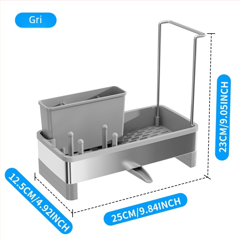 Raft din oțel inoxidabil pentru chiuveta bucătărie – depozitare pentru vase, bureți și cârpe; montaj pe perete sau pe blat, dreptunghiular, design modern minimalist