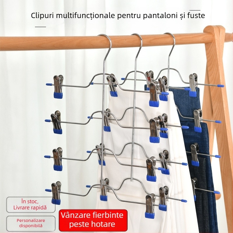 Suport multi-etajat pentru fuste și pantaloni, cu cleme pentru economisire de spațiu