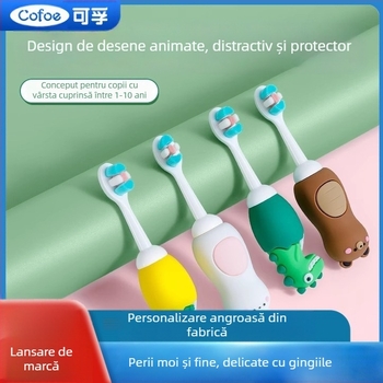Kefu periuță de dinți pentru copii, ultra-fină, 0-12 ani, desen cu un dinozaur mic, mâner lat, manuală, peri moi