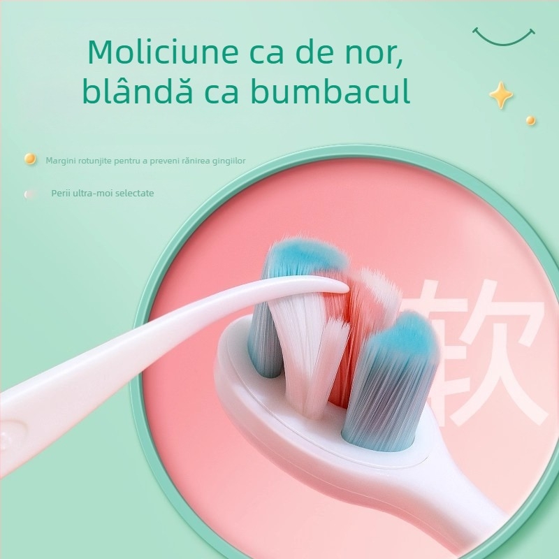 Kefu periuță de dinți pentru copii, ultra-fină, 0-12 ani, desen cu un dinozaur mic, mâner lat, manuală, peri moi