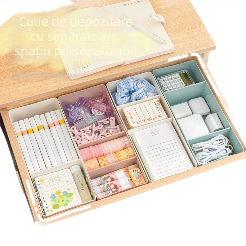 Organizator dreptunghiular din plastic pentru sertar, cu divizor încorporat, compartimente multiple