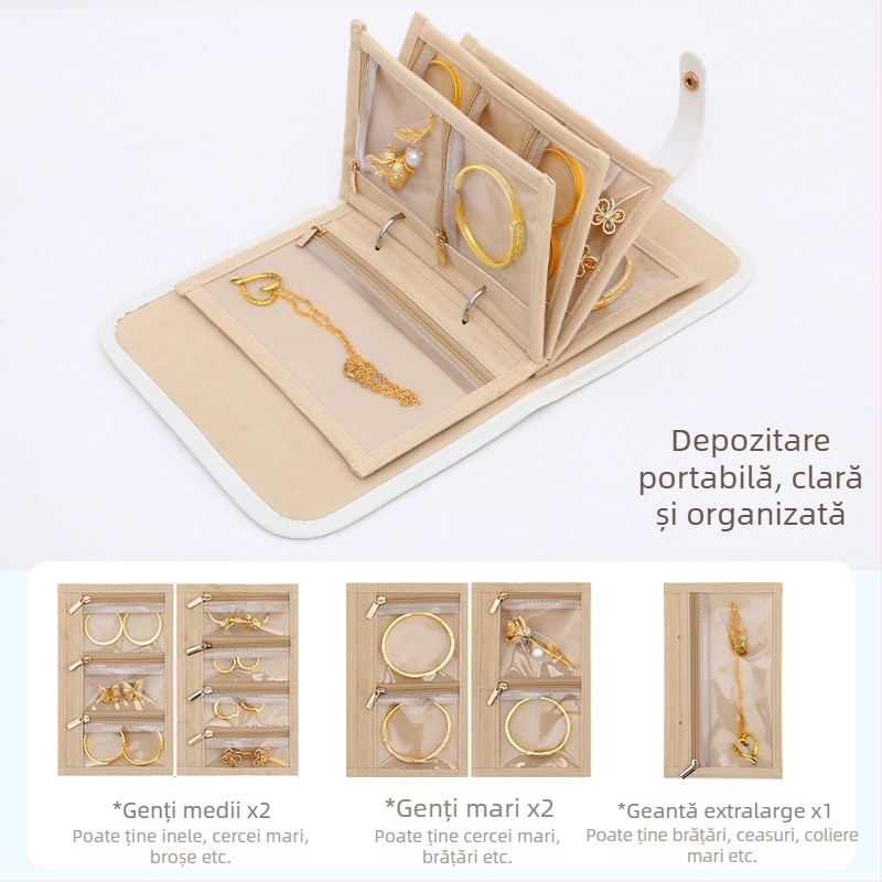 Geantă de depozitare pentru bijuterii, stil waffle, cutie de depozitare cu compartimente pentru bijuterii aurii