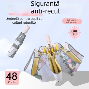 Umbrelă pentru copii, complet automată, cu colțuri rotunjite sigure, antiînțepare, protecție UV, pentru ploaie și soare