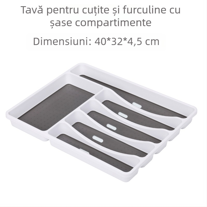 Organizator pentru tacâmuri în sertar, cu compartimente pentru cuțite, furci, linguri și bețișoare, tavă de depozitare din plastic, 40×32×4.5 cm