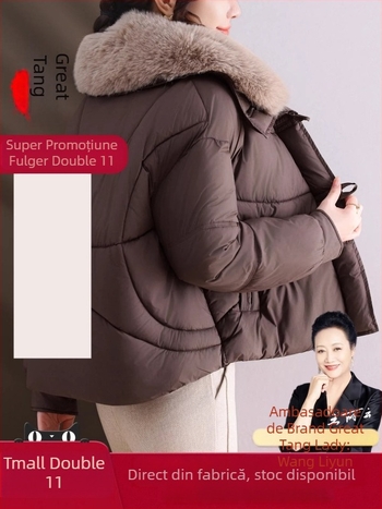 Geacă de iarnă pentru femei de vârstă mijlocie și în vârstă, cu umplutură de bumbac și țesătură poliester, stil elegant casual, guler imitatie blană, imprimeu floral
