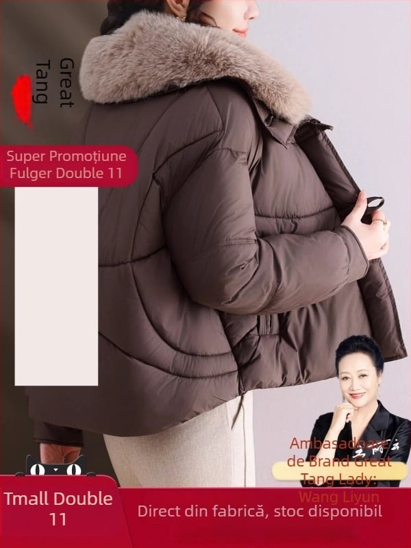 Geacă de iarnă pentru femei de vârstă mijlocie și în vârstă, cu umplutură de bumbac și țesătură poliester, stil elegant casual, guler imitatie blană, imprimeu floral