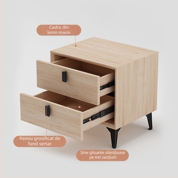 Noptieră din lemn masiv cu piele, design modern minimalist pentru dormitor