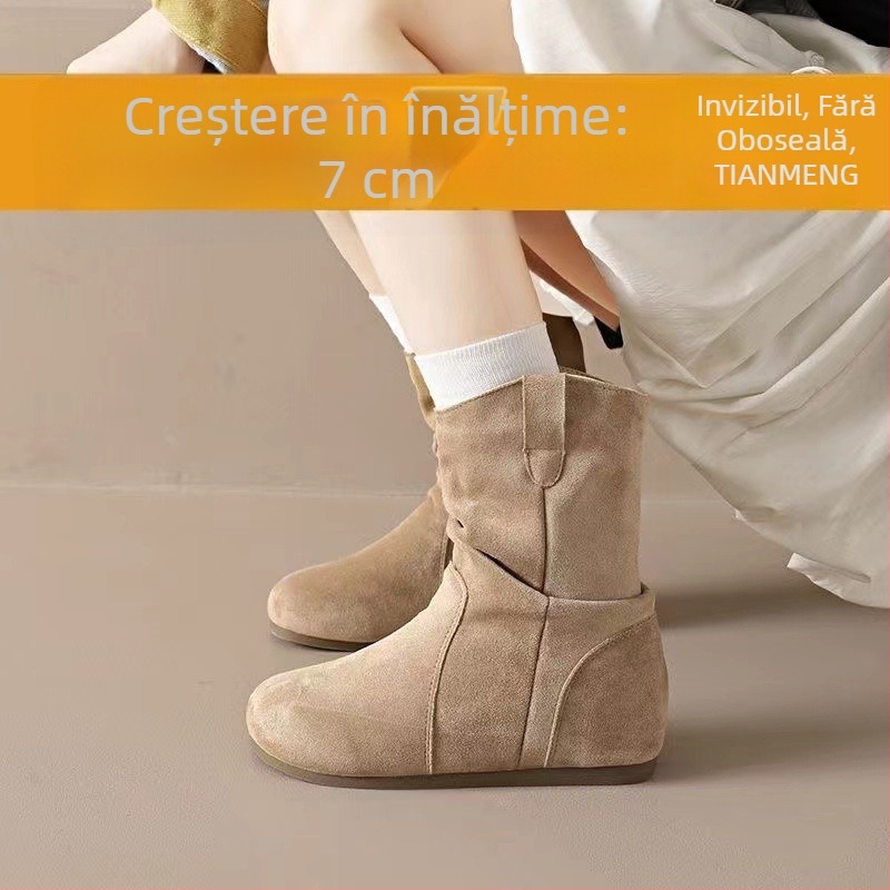Botine scurte pentru femei în stil Birkenstock, creștere de 7 cm a înălțimii, design retro, colecția toamnă 2025, piele naturală