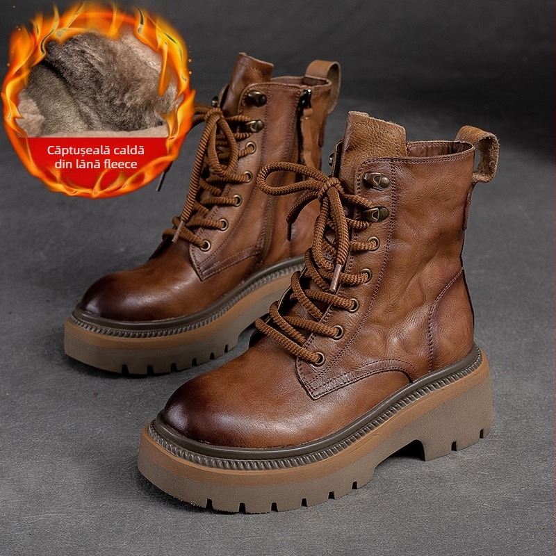 Botine Martin cu talpă groasă, aspect uzat, fermoar lateral, vârf rotund, stil retro, botine scurte pentru toamnă iarnă