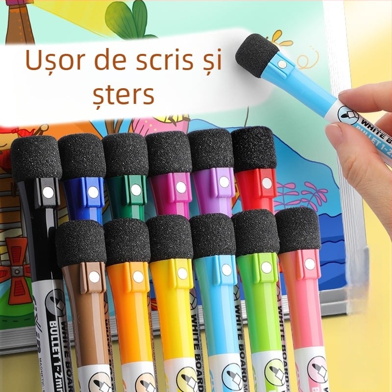 Markere magnetice lavabile pentru tablă albă, colorate - set de 12 culori cu magneți pentru frigider